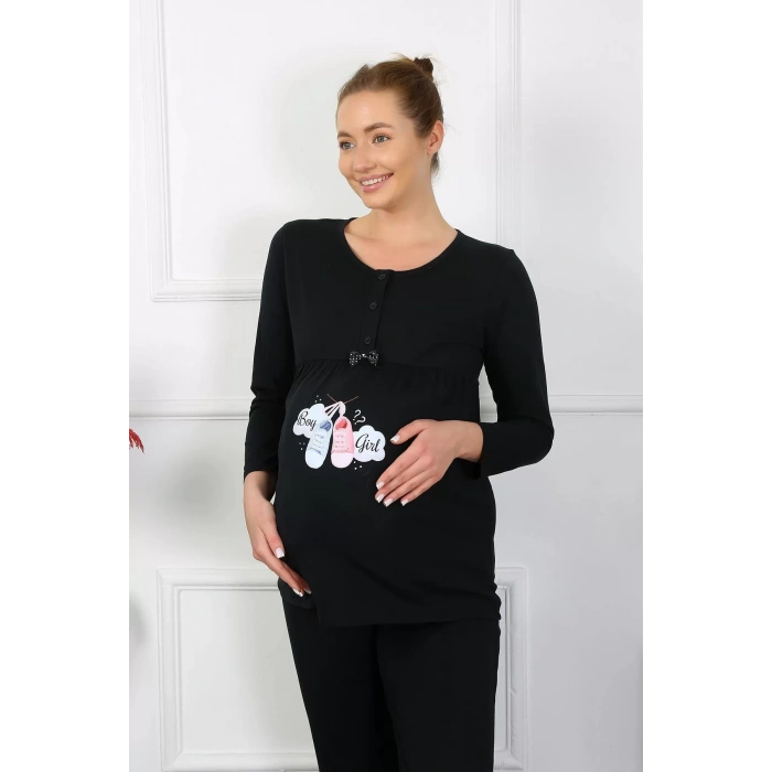 Moda Kadın Uzun Kol Hamile Lohusa Pijama Takımı Siyah