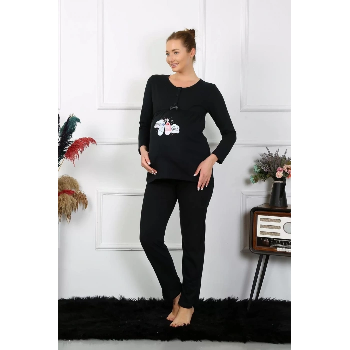 Moda Kadın Uzun Kol Hamile Lohusa Pijama Takımı Siyah