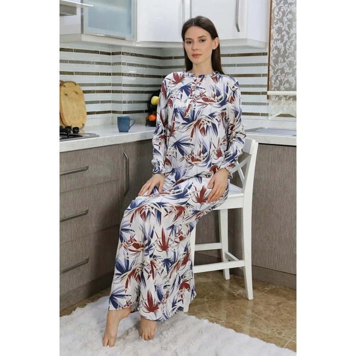 Moda Kadın Uzun Kol Penye Gecelik Ev Elbisesi Krem