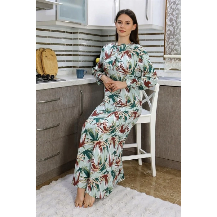 Moda Kadın Uzun Kol Penye Gecelik Ev Elbisesi Yeşil