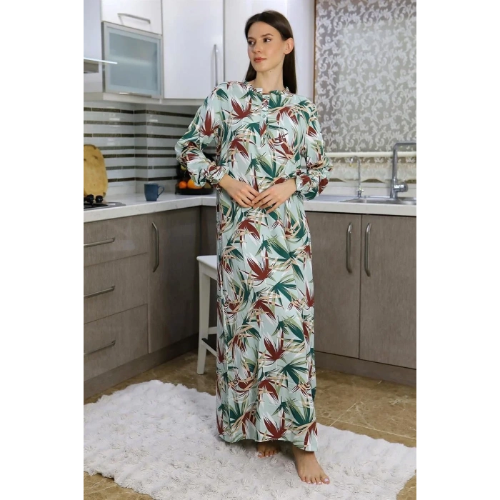 Moda Kadın Uzun Kol Penye Gecelik Ev Elbisesi Yeşil