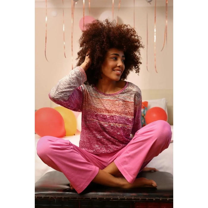 Moda Kadın Uzun Kol Penye Pijama Takım Fuşya