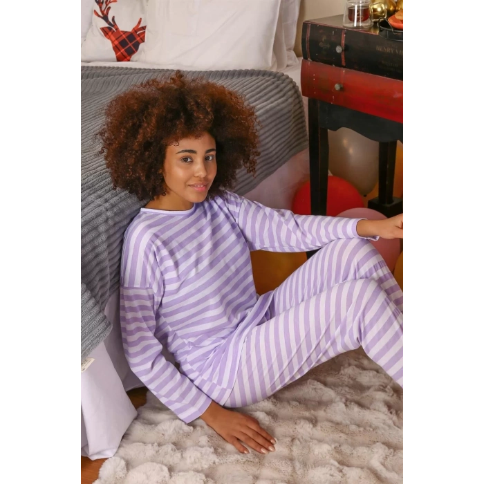Moda Kadın Uzun Kol Penye Pijama Takım Lila