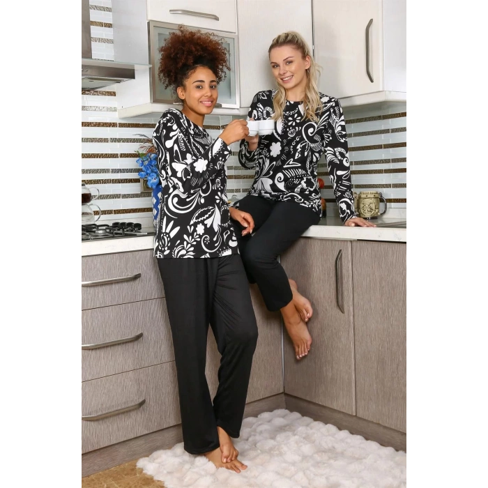 Moda Kadın Uzun Kol Penye Pijama Takım Siyah