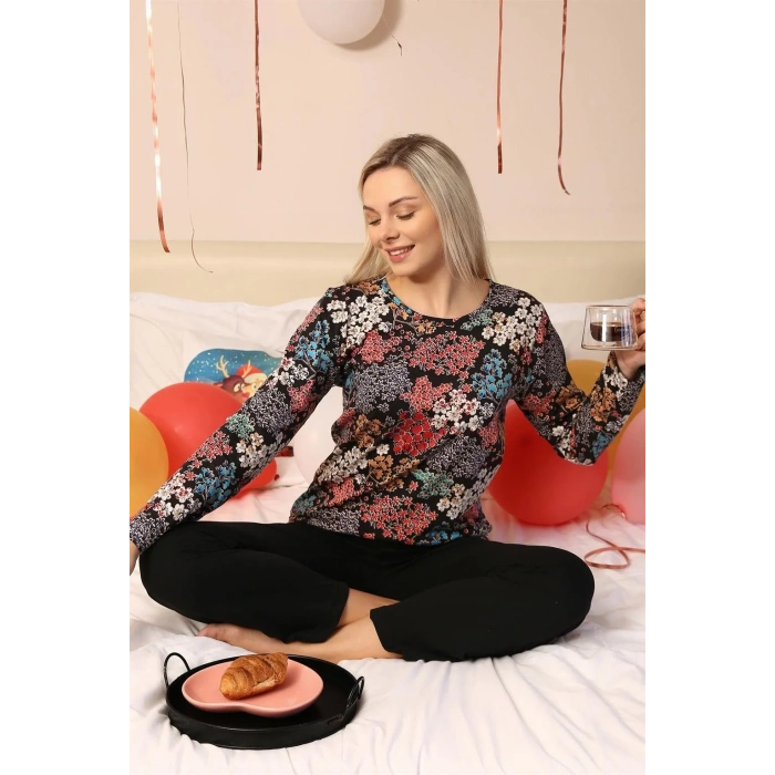 Moda Kadın Uzun Kol Penye Pijama Takım Siyah