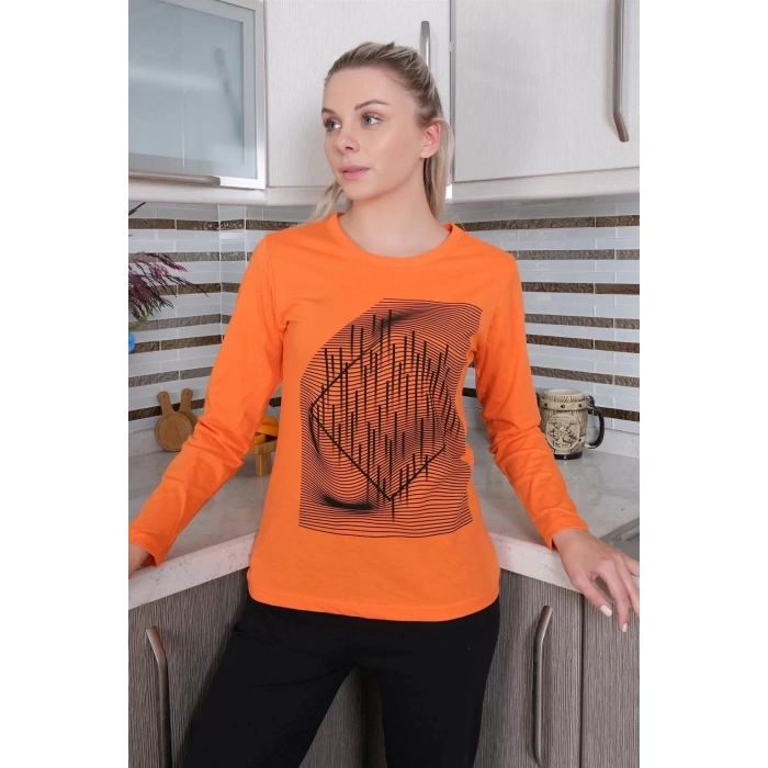 Moda Kadın Uzun Kol Penye Pijama Takım Turuncu