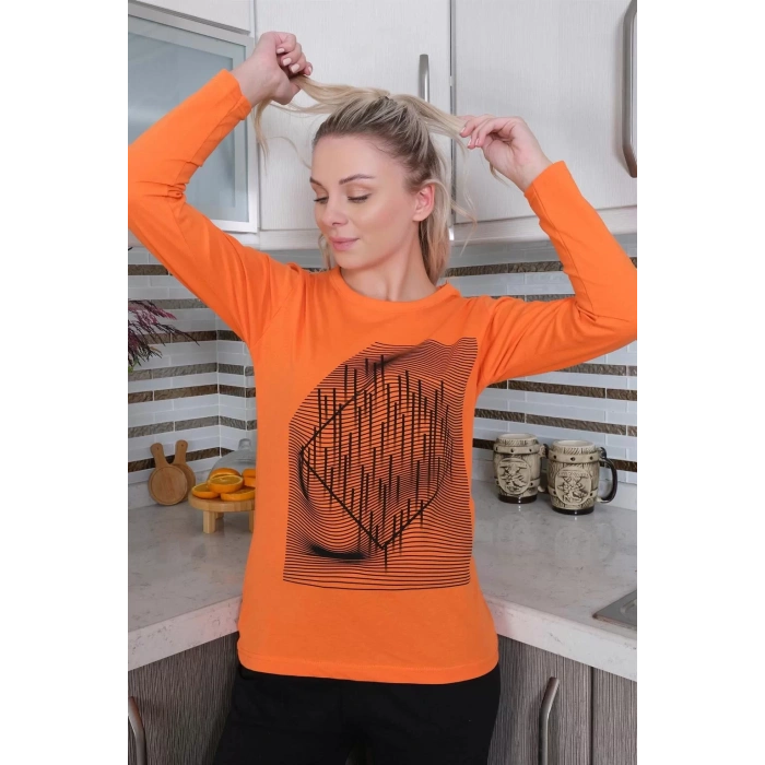 Moda Kadın Uzun Kol Penye Pijama Takım Turuncu