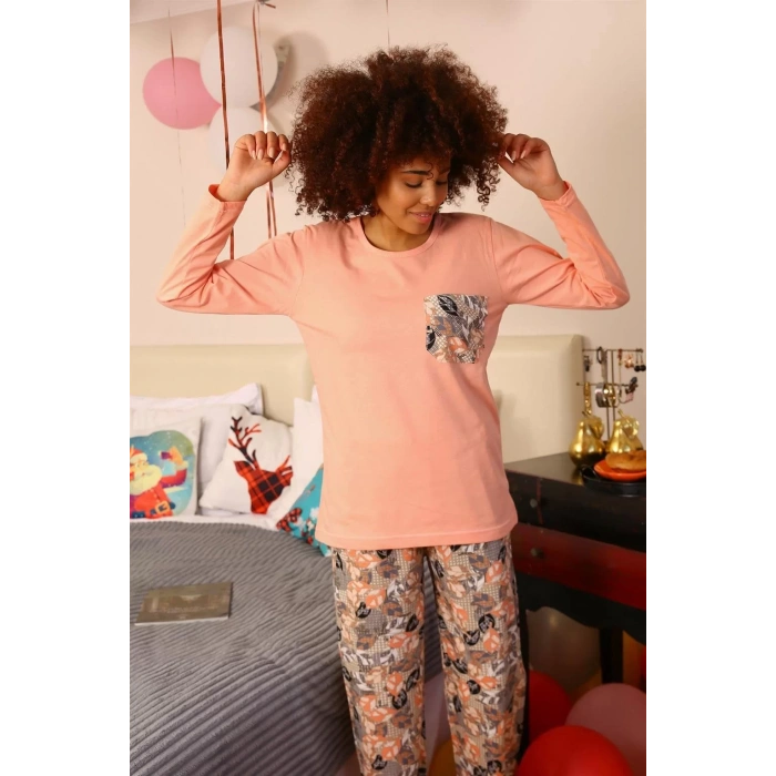 Moda Kadın Uzun Kol Penye Pijama Takım Yavruağzı