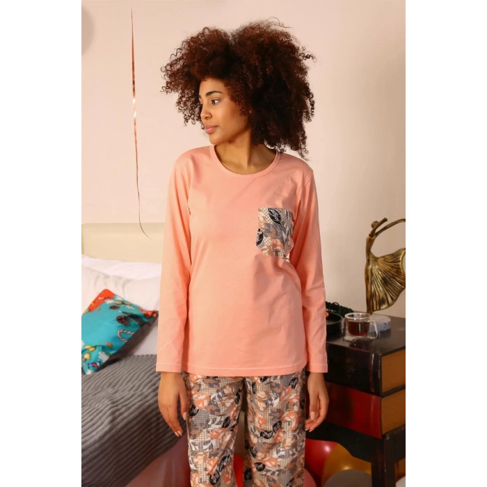 Moda Kadın Uzun Kol Penye Pijama Takım Yavruağzı