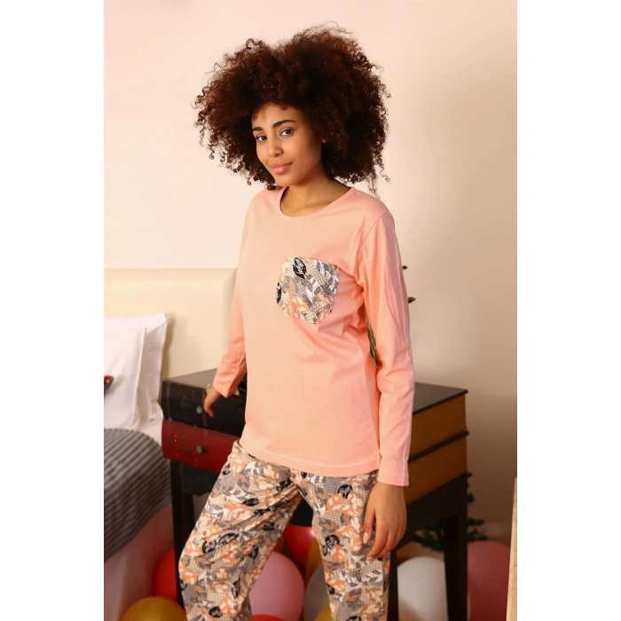 Moda Kadın Uzun Kol Penye Pijama Takım Yavruağzı