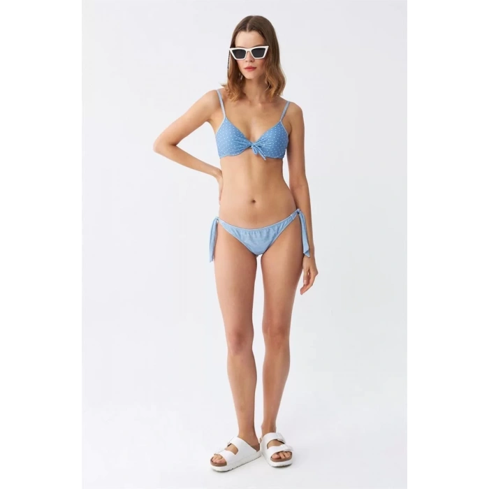 Moda Kadın Yandan Bağlamalı Yarım Destekli Fiyonklu Alt Üst Bikini Takım Buz Mavisi