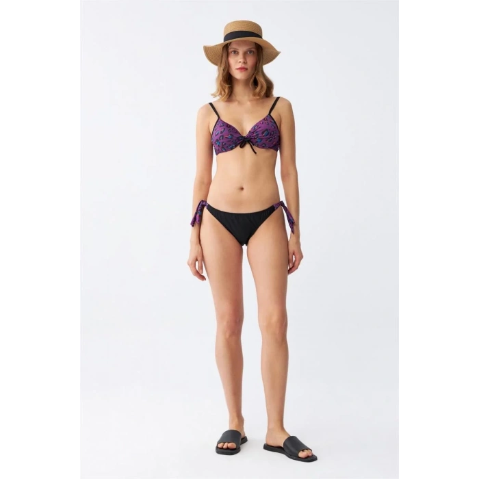 Moda Kadın Yandan Bağlamalı Yarım Destekli Fiyonklu Alt Üst Bikini Takım Mor