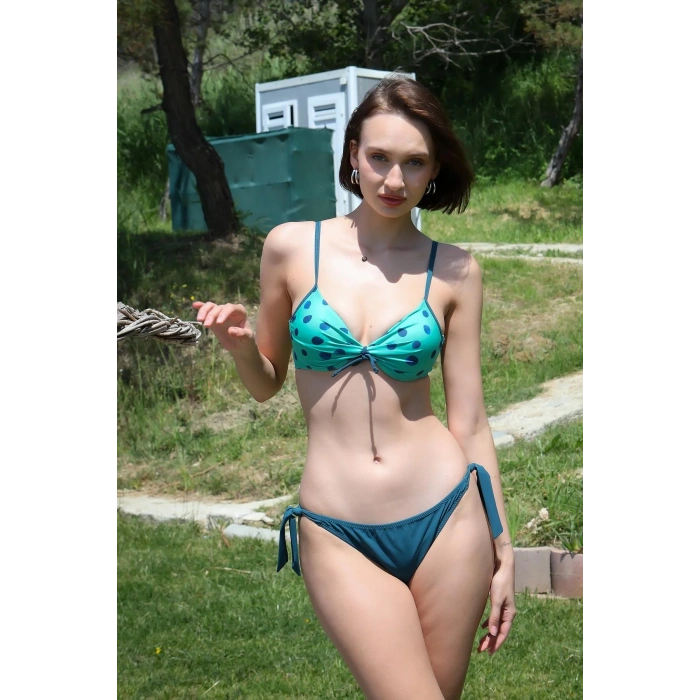 Moda Kadın Yandan Bağlamalı Yarım Destekli Fiyonklu Alt Üst Bikini Takım Turkuaz