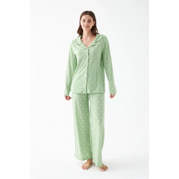 Moda Kadın Yeşil Kalp Desenli Düğmeli Pamuklu Pijama Takımı