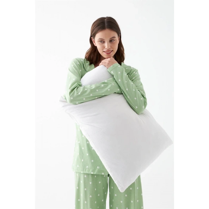 Moda Kadın Yeşil Kalp Desenli Düğmeli Pamuklu Pijama Takımı