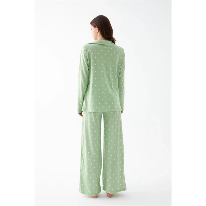 Moda Kadın Yeşil Kalp Desenli Düğmeli Pamuklu Pijama Takımı