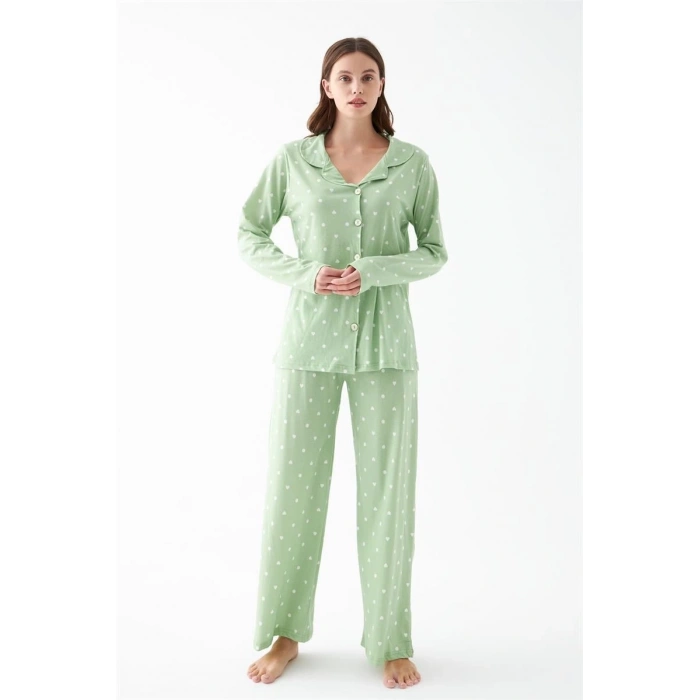Moda Kadın Yeşil Kalp Desenli Düğmeli Pamuklu Pijama Takımı