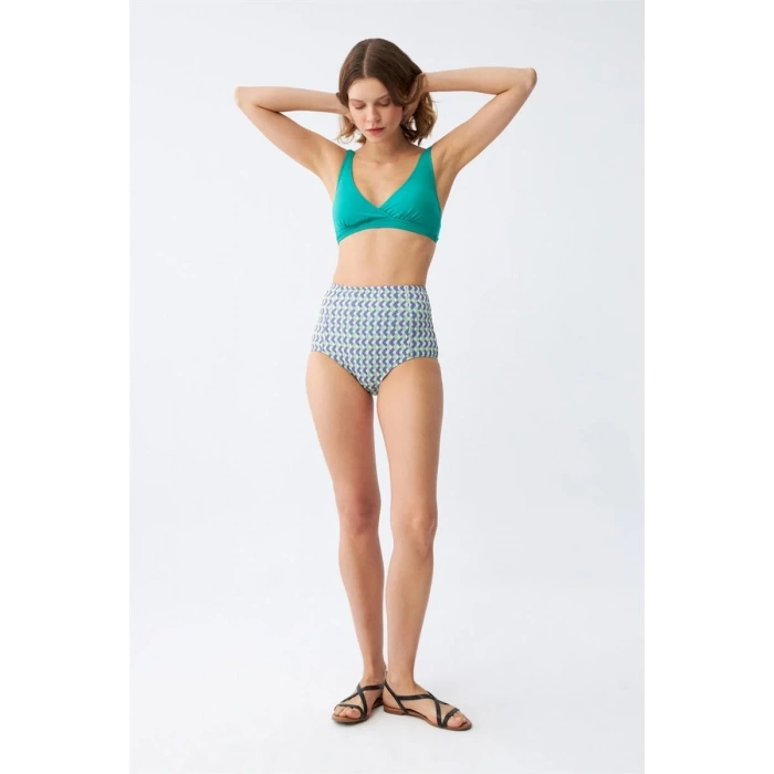 Moda Kadın Yeşil Pedli Geometrik Desenli Yüksek Bel Bikini Takımı