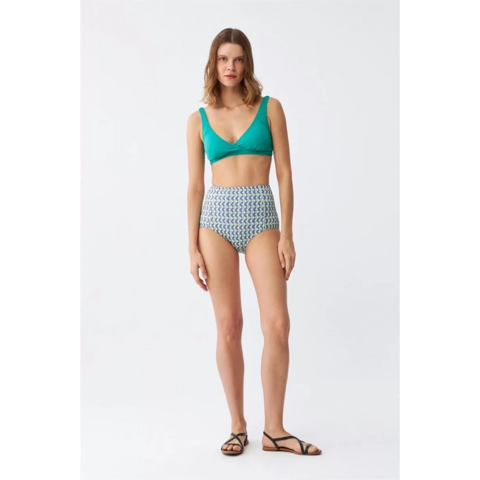Moda Kadın Yeşil Pedli Geometrik Desenli Yüksek Bel Bikini Takımı