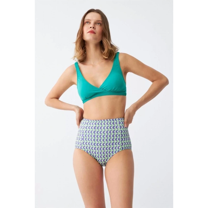 Moda Kadın Yeşil Pedli Geometrik Desenli Yüksek Bel Bikini Takımı