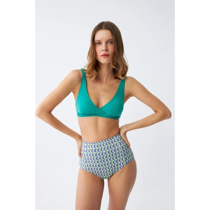 Moda Kadın Yeşil Pedli Geometrik Desenli Yüksek Bel Bikini Takımı