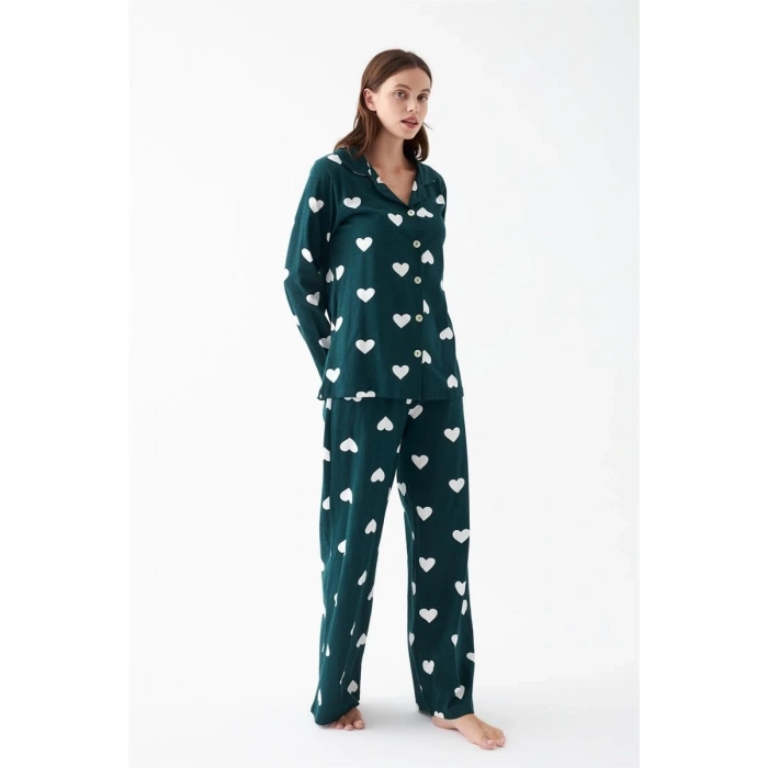 Moda Kadın Zümrüt Yeşili Kalp Desenli Düğmeli Pamuklu Pijama Takımı