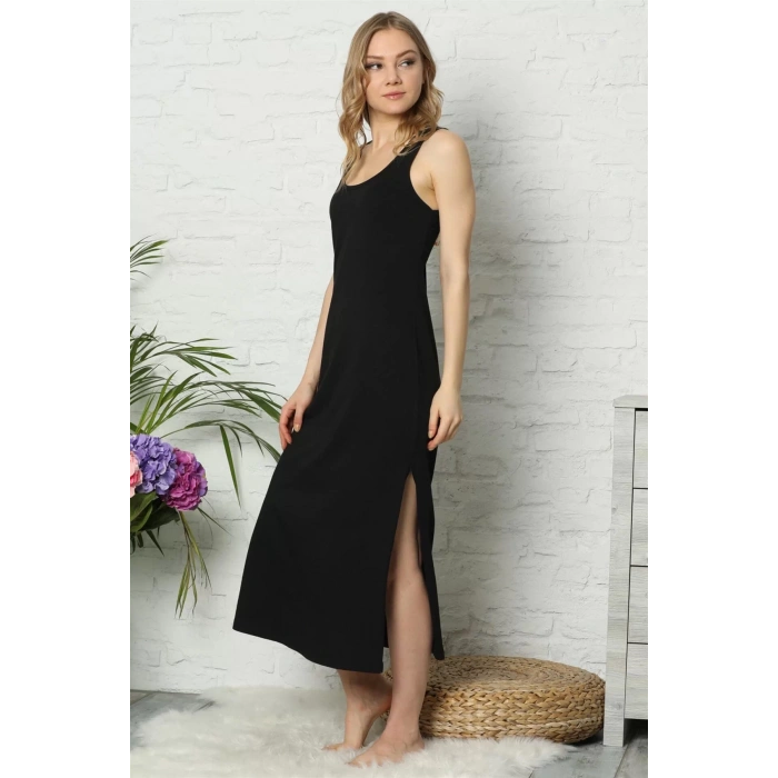 Moda Kalın Askılı Siyah Penye Uzun Gecelik