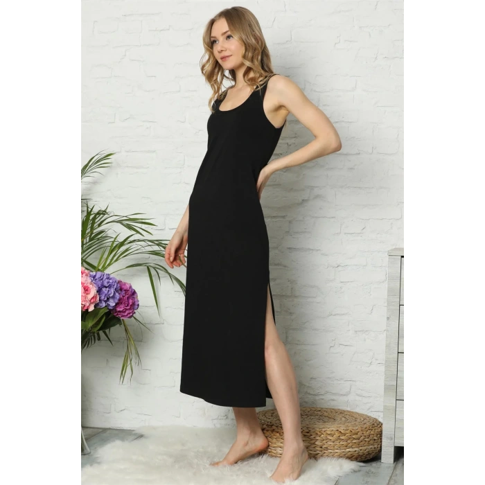 Moda Kalın Askılı Siyah Penye Uzun Gecelik