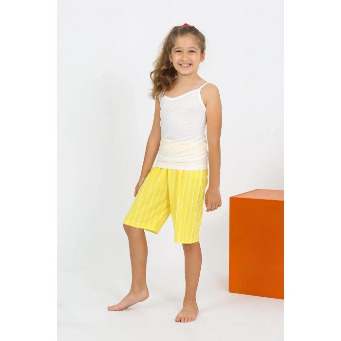 Moda Kız Çocuk İp Askılı Şortlu Penye Beyaz Pijama Takım