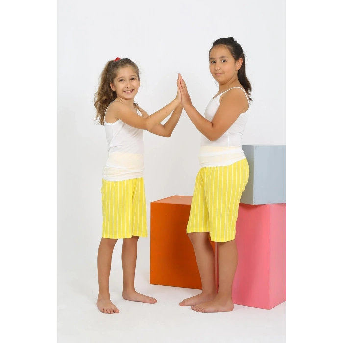 Moda Kız Çocuk İp Askılı Şortlu Penye Beyaz Pijama Takım