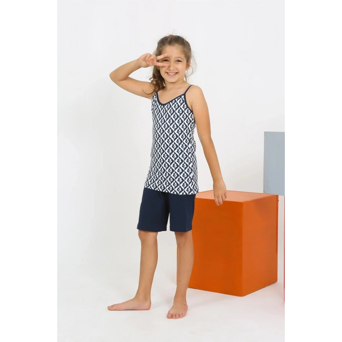 Moda Kız Çocuk İp Askılı Şortlu Penye Lacivert Pijama Takım