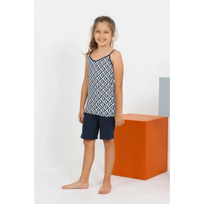 Moda Kız Çocuk İp Askılı Şortlu Penye Lacivert Pijama Takım
