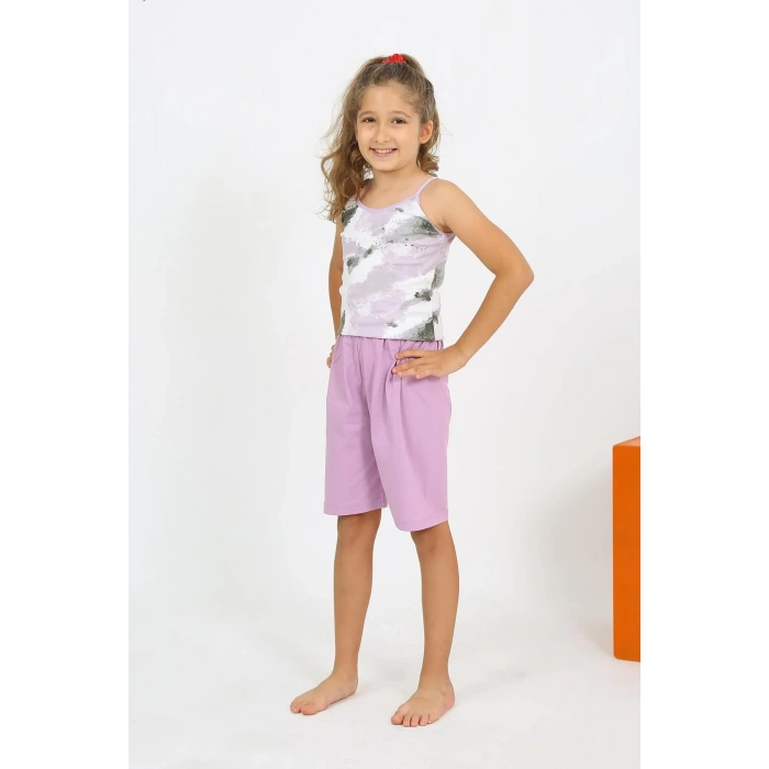 Moda Kız Çocuk İp Askılı Şortlu Penye Lila Pijama Takım