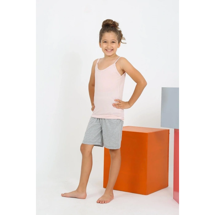 Moda Kız Çocuk İp Askılı Şortlu Penye Pembe Pijama Takım