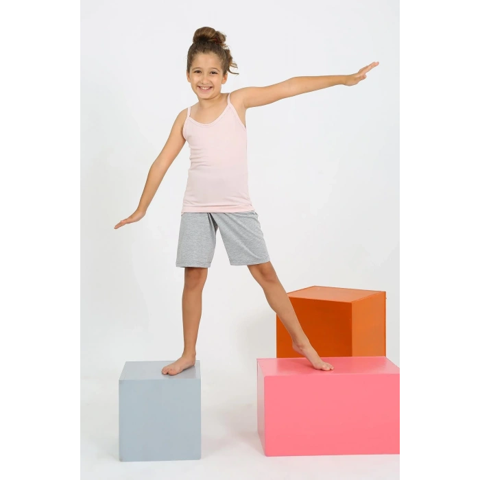 Moda Kız Çocuk İp Askılı Şortlu Penye Pembe Pijama Takım