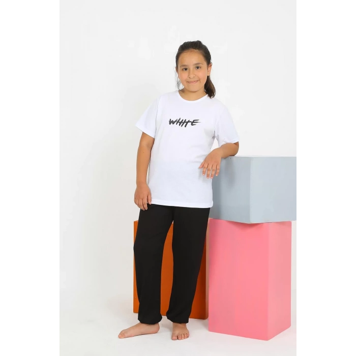 Moda Kız Çocuk Kısa Kol Beyaz Penye Pijama Takım