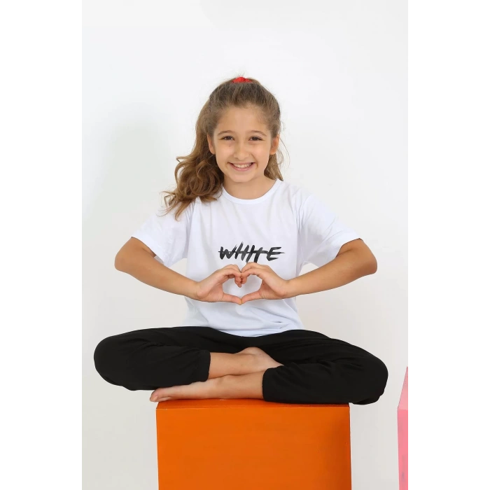 Moda Kız Çocuk Kısa Kol Beyaz Penye Pijama Takım