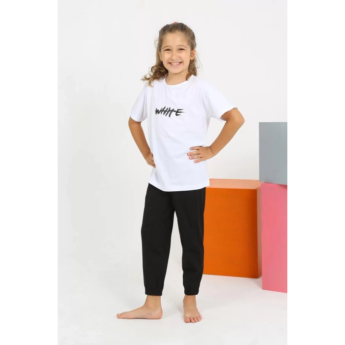 Moda Kız Çocuk Kısa Kol Beyaz Penye Pijama Takım