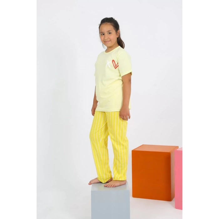 Moda Kız Çocuk Kısa Kol Sarı Penye Pijama Takım