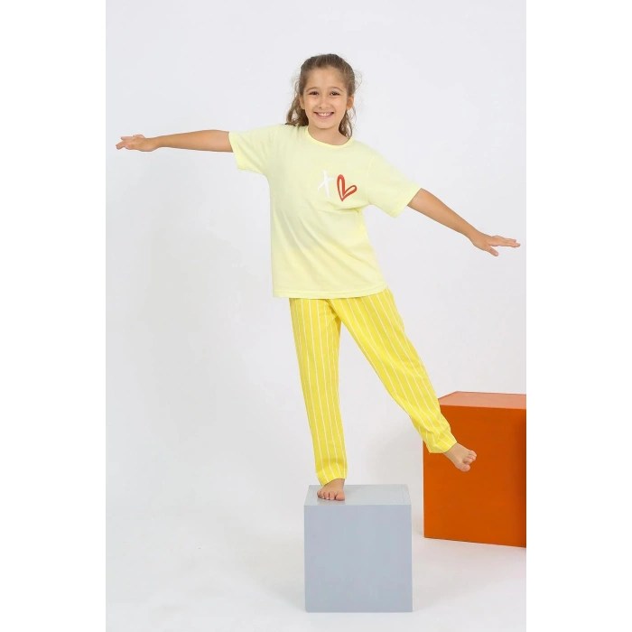 Moda Kız Çocuk Kısa Kol Sarı Penye Pijama Takım
