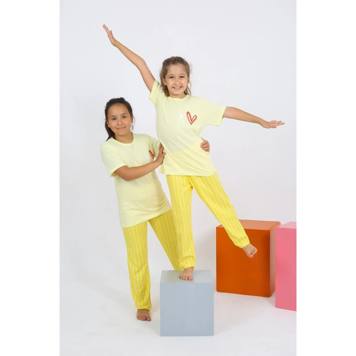 Moda Kız Çocuk Kısa Kol Sarı Penye Pijama Takım