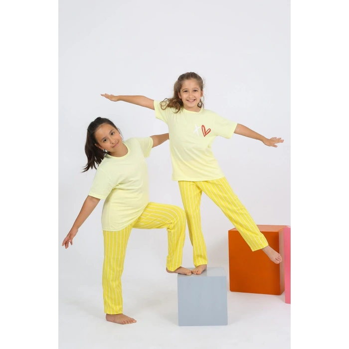 Moda Kız Çocuk Kısa Kol Sarı Penye Pijama Takım
