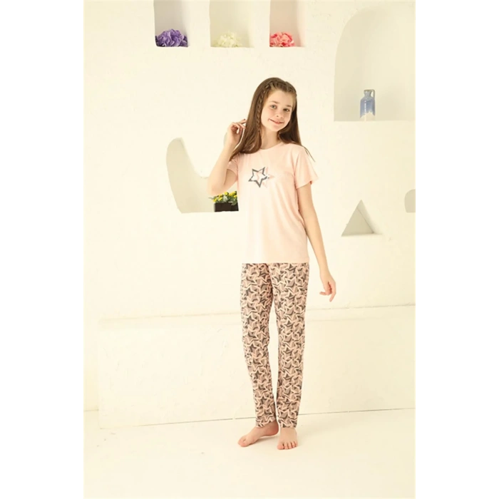 Moda Kız Çocuk Pamuk Kısa Kollu Pijama Takımı Somon