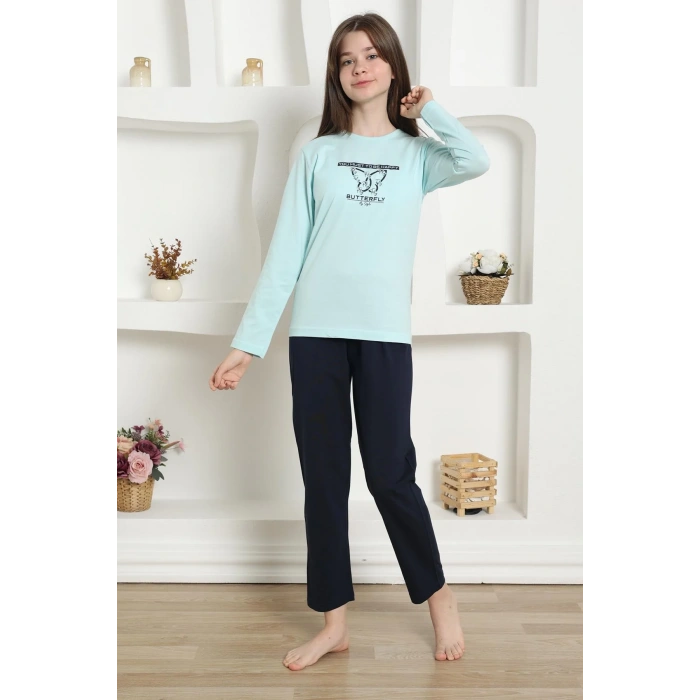 Moda Kız Çocuk Penye Pijama Takım Su Yeşili