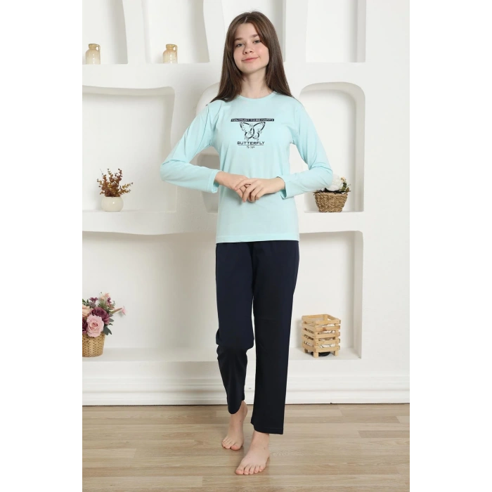 Moda Kız Çocuk Penye Pijama Takım Su Yeşili