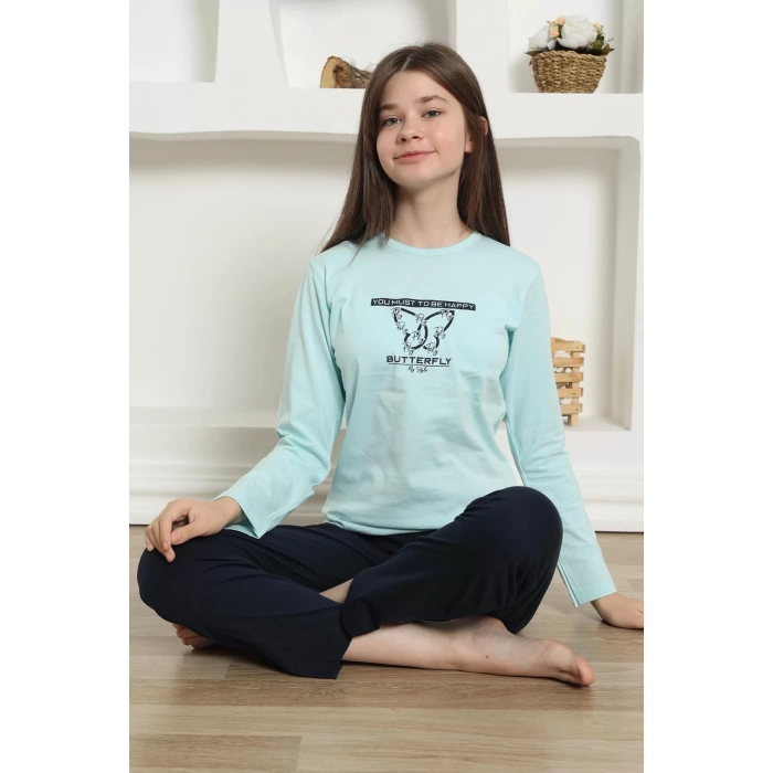 Moda Kız Çocuk Penye Pijama Takım Su Yeşili