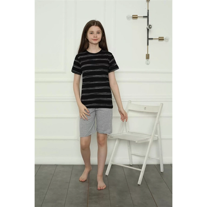 Moda Kız Çocuk Penye Şortlu Pijama Takım Siyah