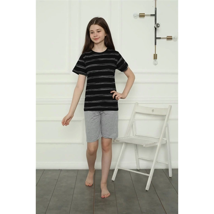 Moda Kız Çocuk Penye Şortlu Pijama Takım Siyah
