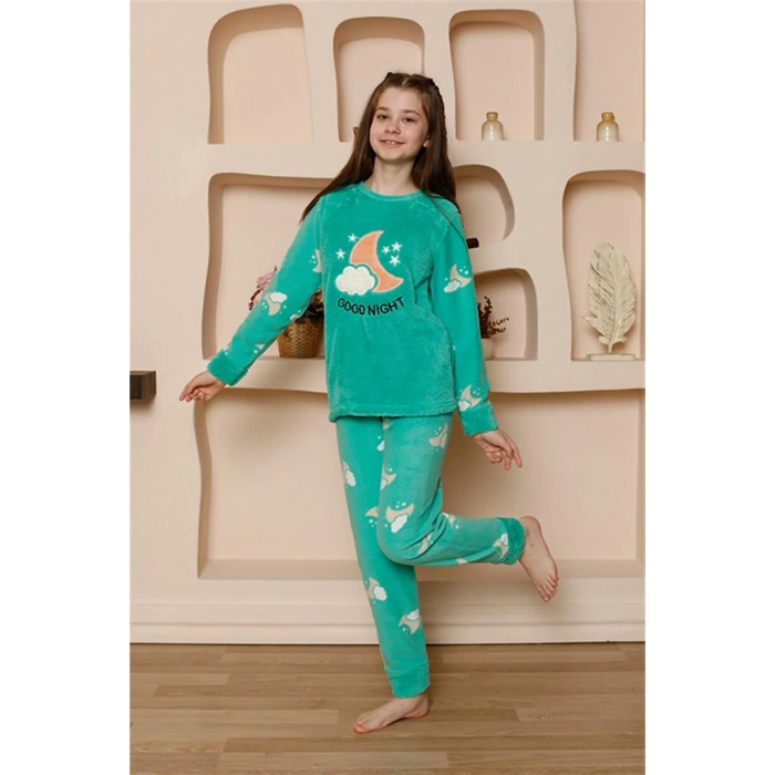 Moda Kız Çocuk Polar Yeşil Pijama Takımı