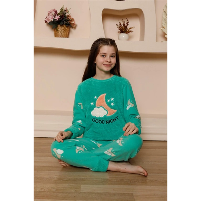 Moda Kız Çocuk Polar Yeşil Pijama Takımı